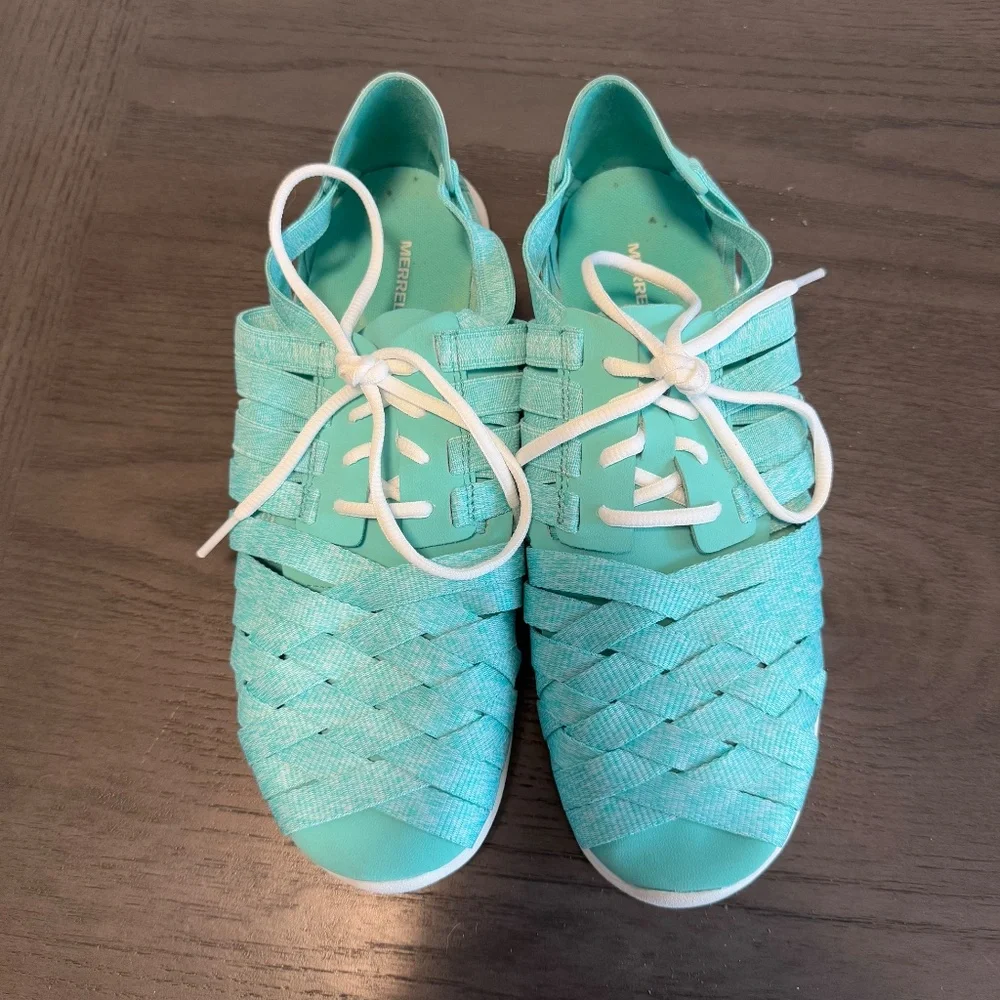 Merrell Atlantis Weave Flat Lace‎ Up Shoe J03062 Turquoise Green Womens Size 8,5